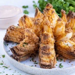 Onion on a plate is served for a vegetarian appetizer.