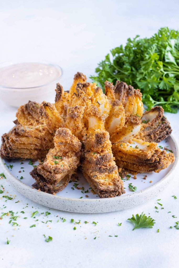 Crispy fried onions are served for an air fryer appetizer.