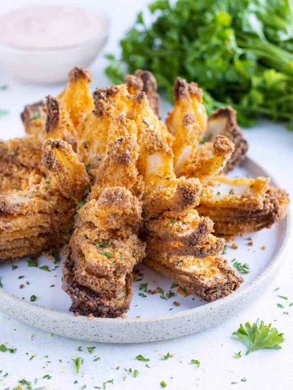 Fried blooming onion is topped with fresh parsley and plated for an appetizer.