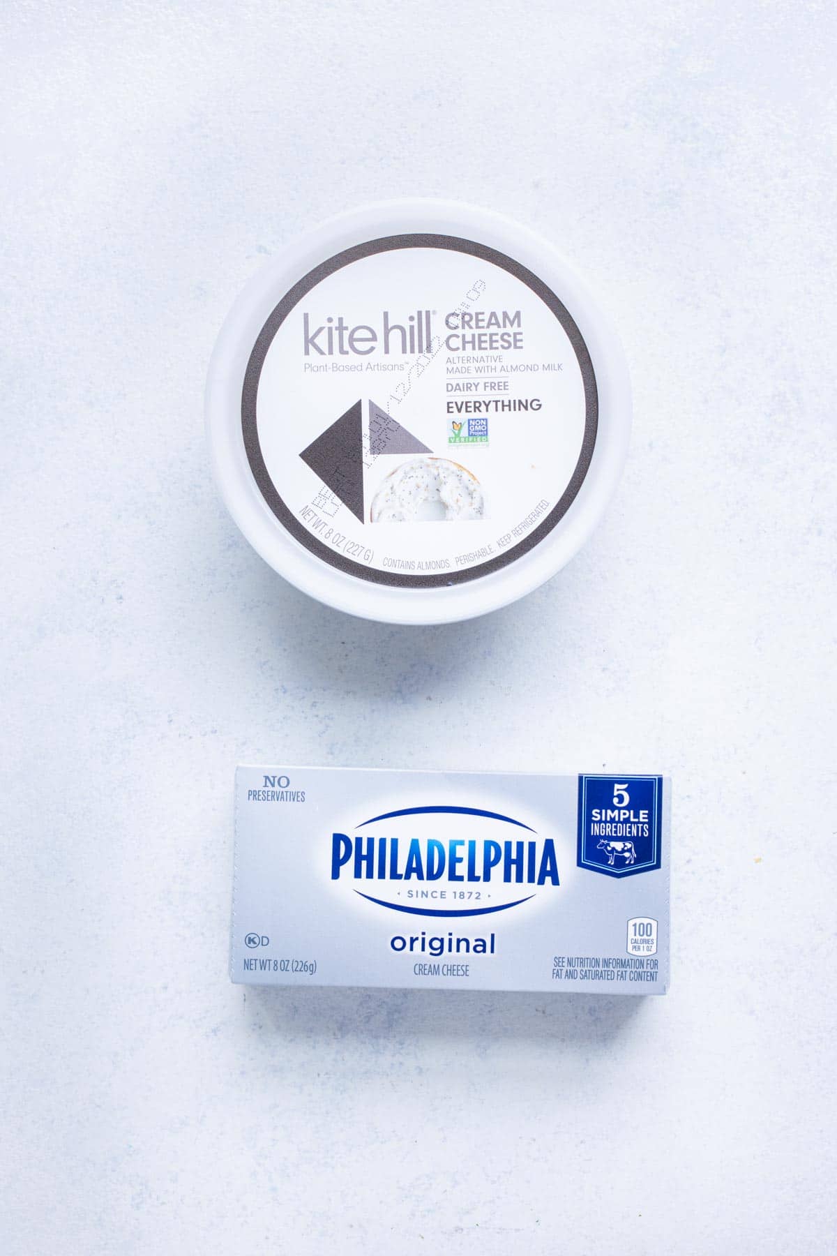 Cream cheese and dairy-free cream cheese are shown.