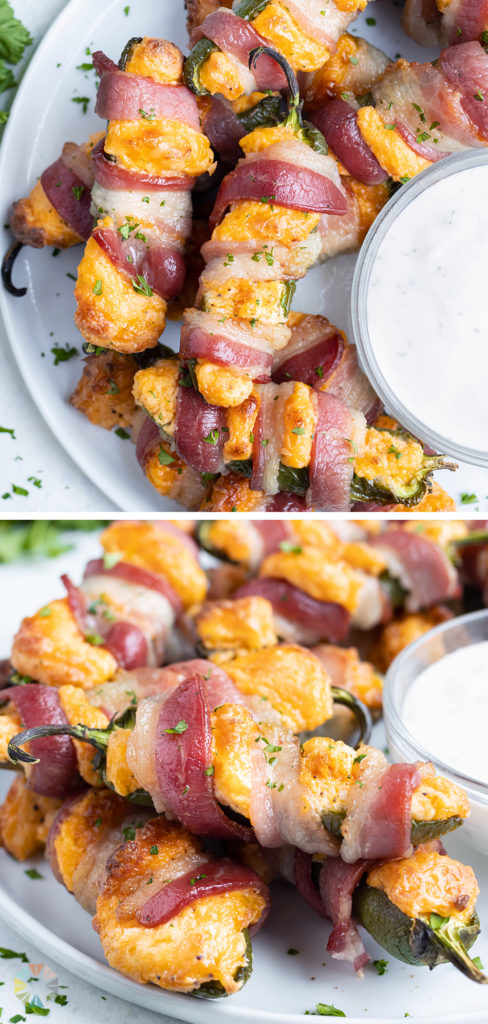 A bacon wrapped jalapeno popper is picked up by a hand for a snack.