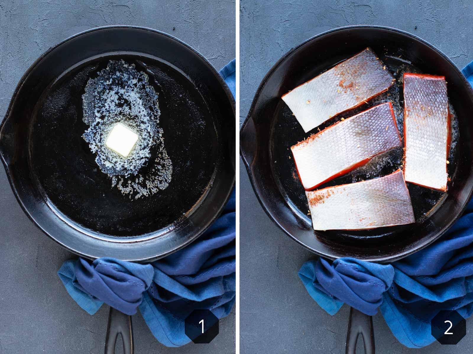 Blackened salmon being cooked in a cast iron skillet with butter.