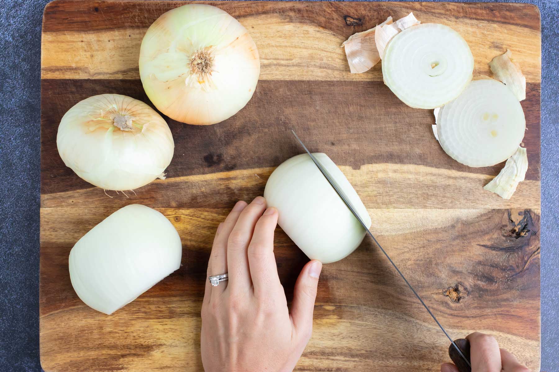 Showing two ways to thinly slice onions.