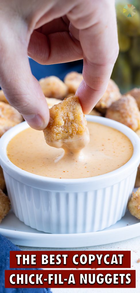 Chicken nuggets are dipped in a copycat Chick-fil-A sauce.