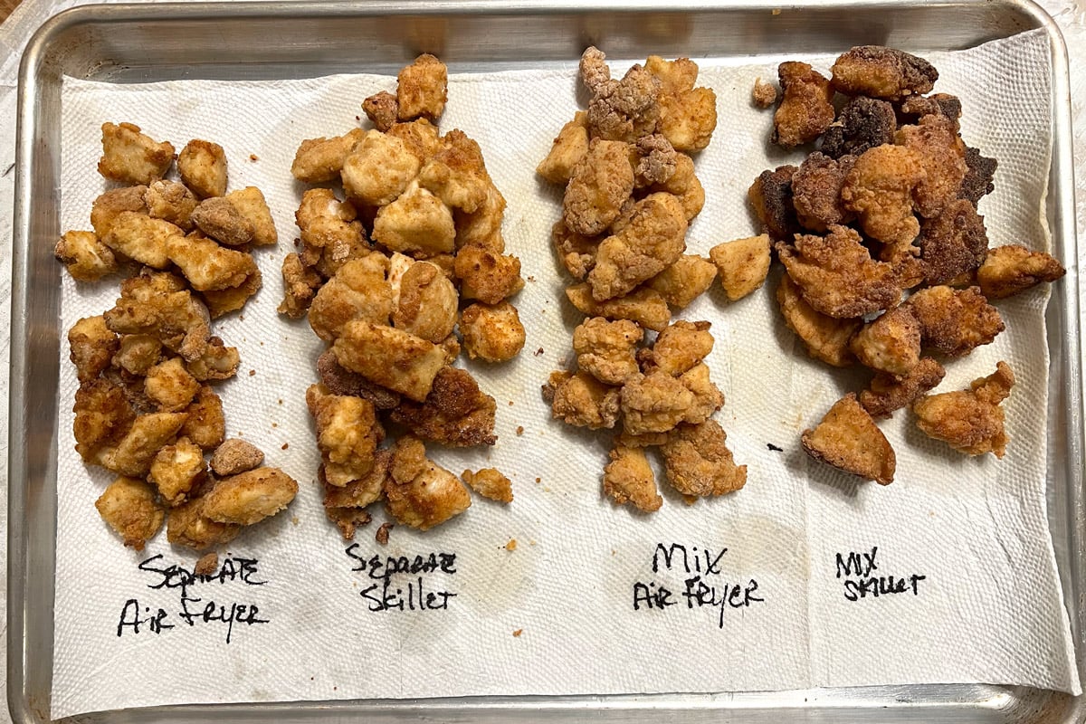 Four different test batches of homemade Chick-fil-a nuggets.