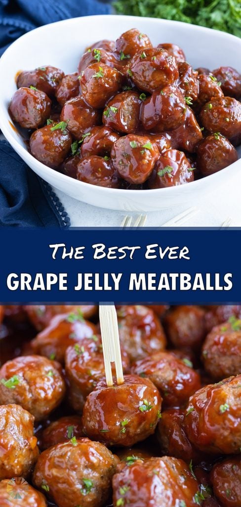 A toothpick is shown picking up a grape jelly meatball.
