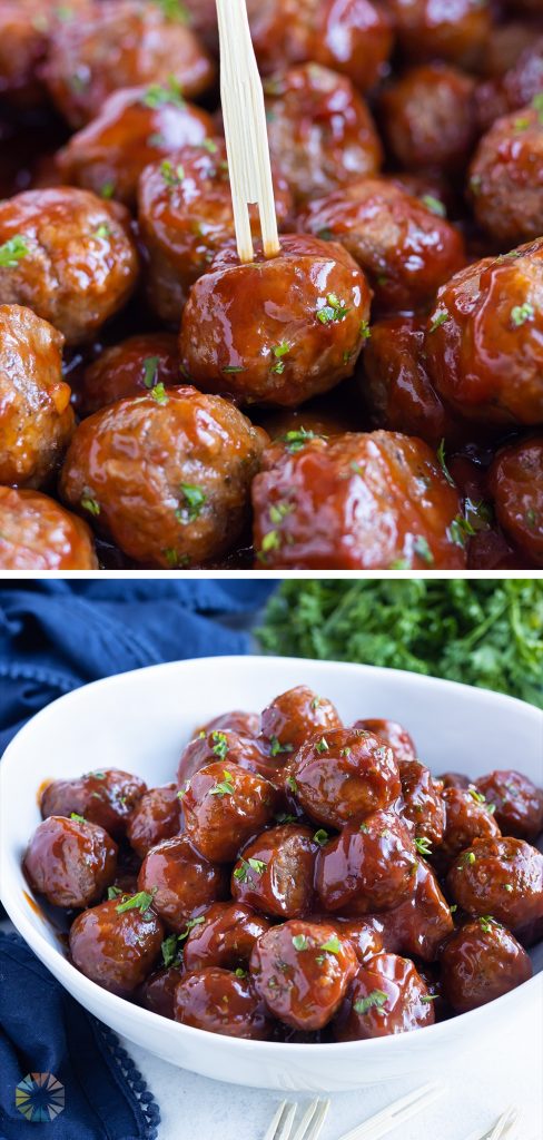 Meatballs are cooked in a sweet and sour sauce.