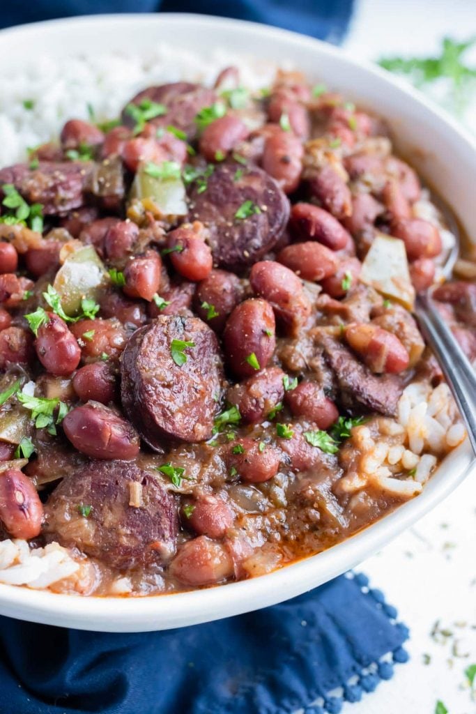 This Cajun recipe is loaded with tender red beans, flavorful broth, and andouille sausage.