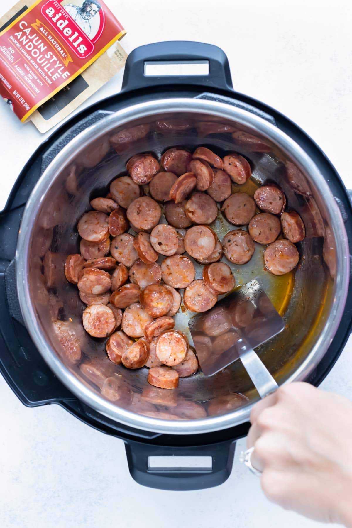 Sausage is cooked in the instant pot.