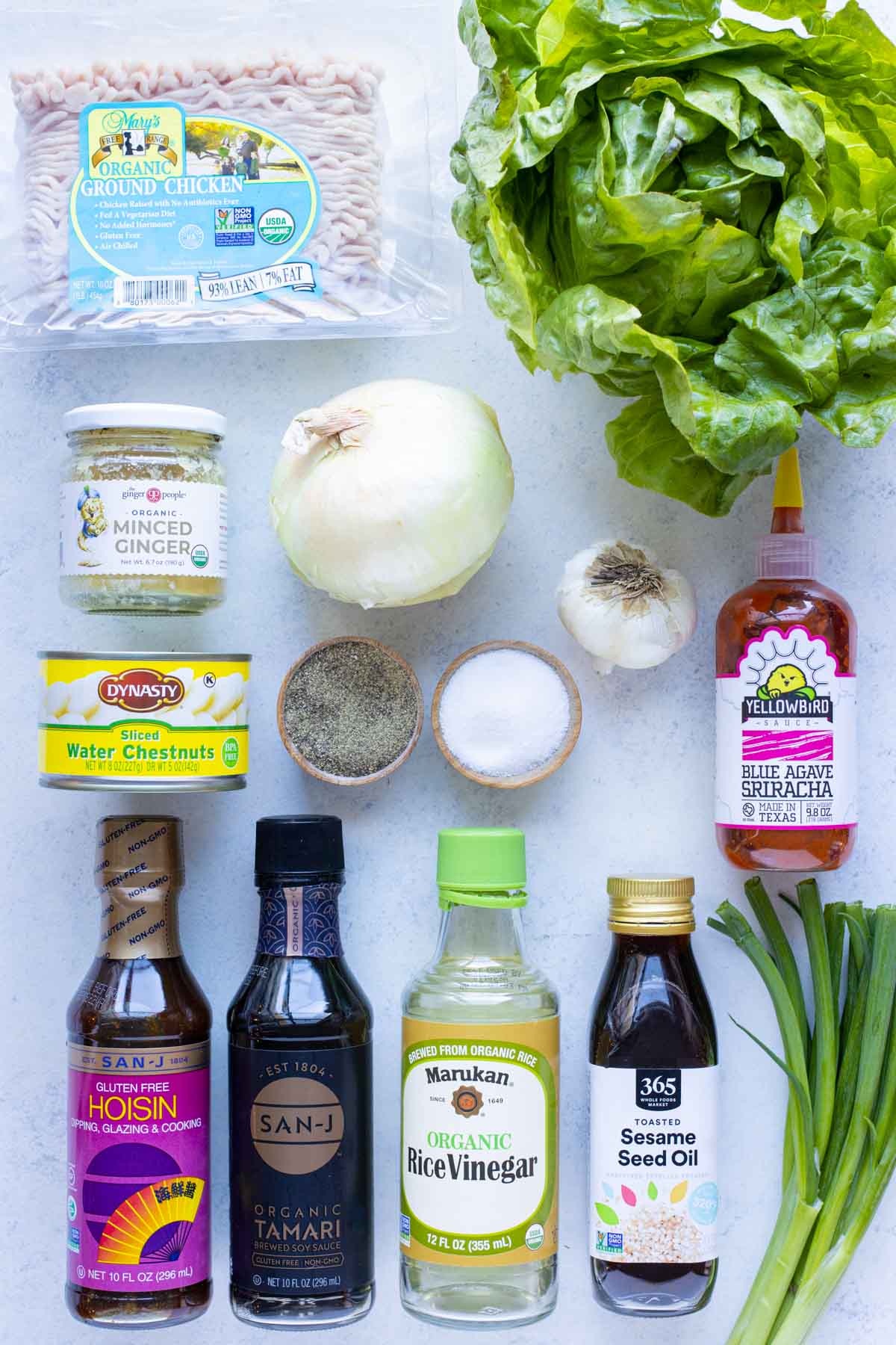 Ground chicken, onion, garlic, green onions, water chestnuts, soy sauce, hoisin sauce, and seasonings are the ingredients for this recipe.