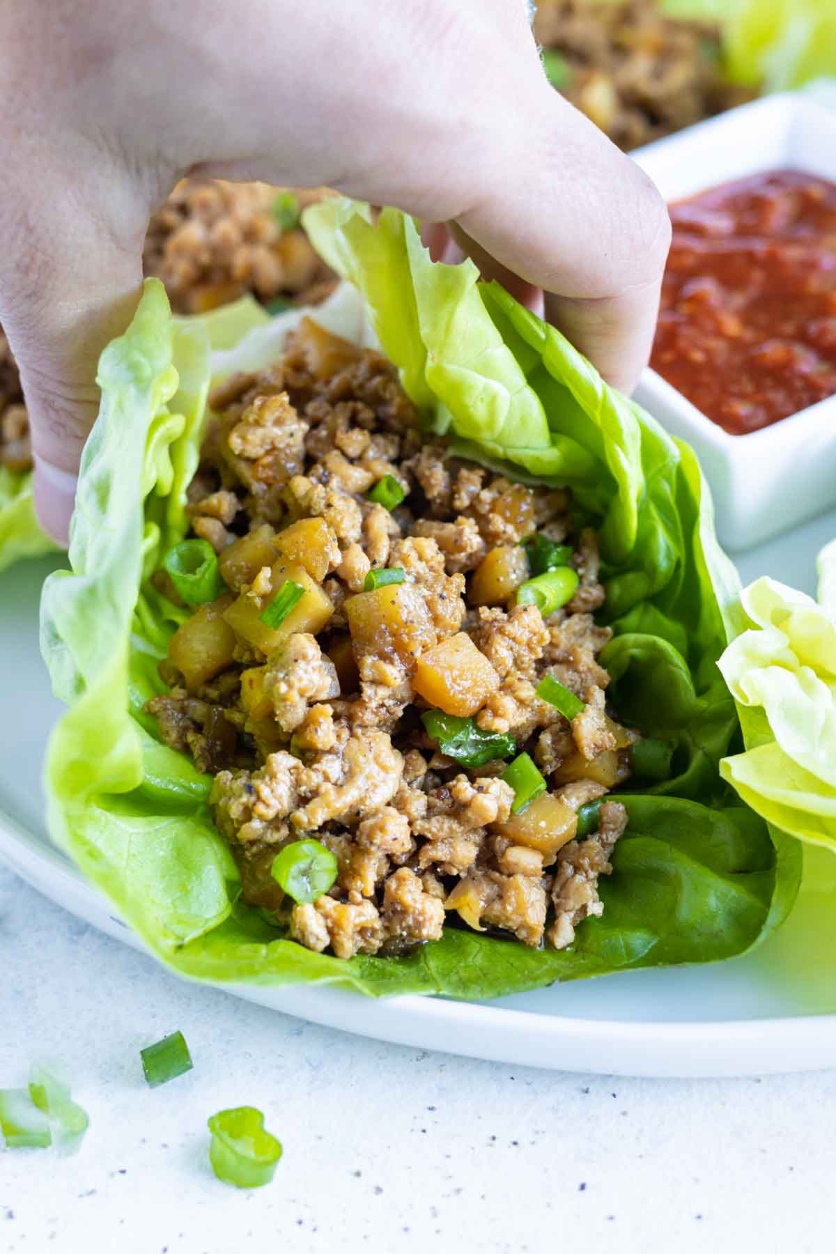 A hand is used to pick up the lettuce wrap from the plate.