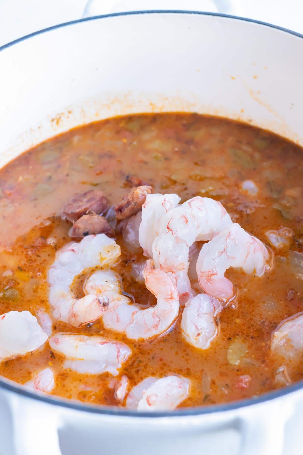 Shrimp is added to the pot for this authentic gumbo recipe.