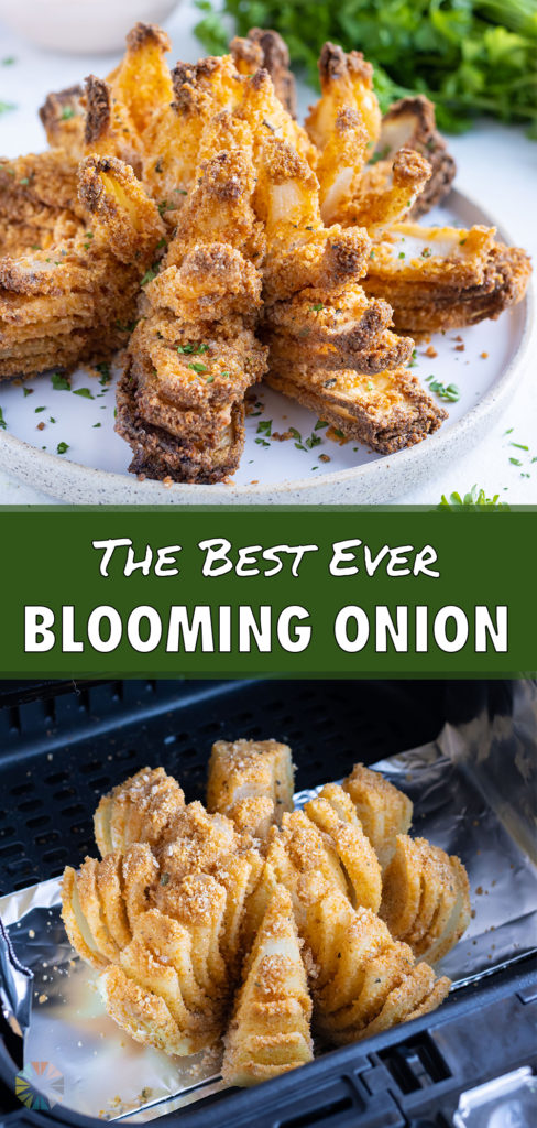 Blooming onion made in the air fryer is served with dip for a finger food.