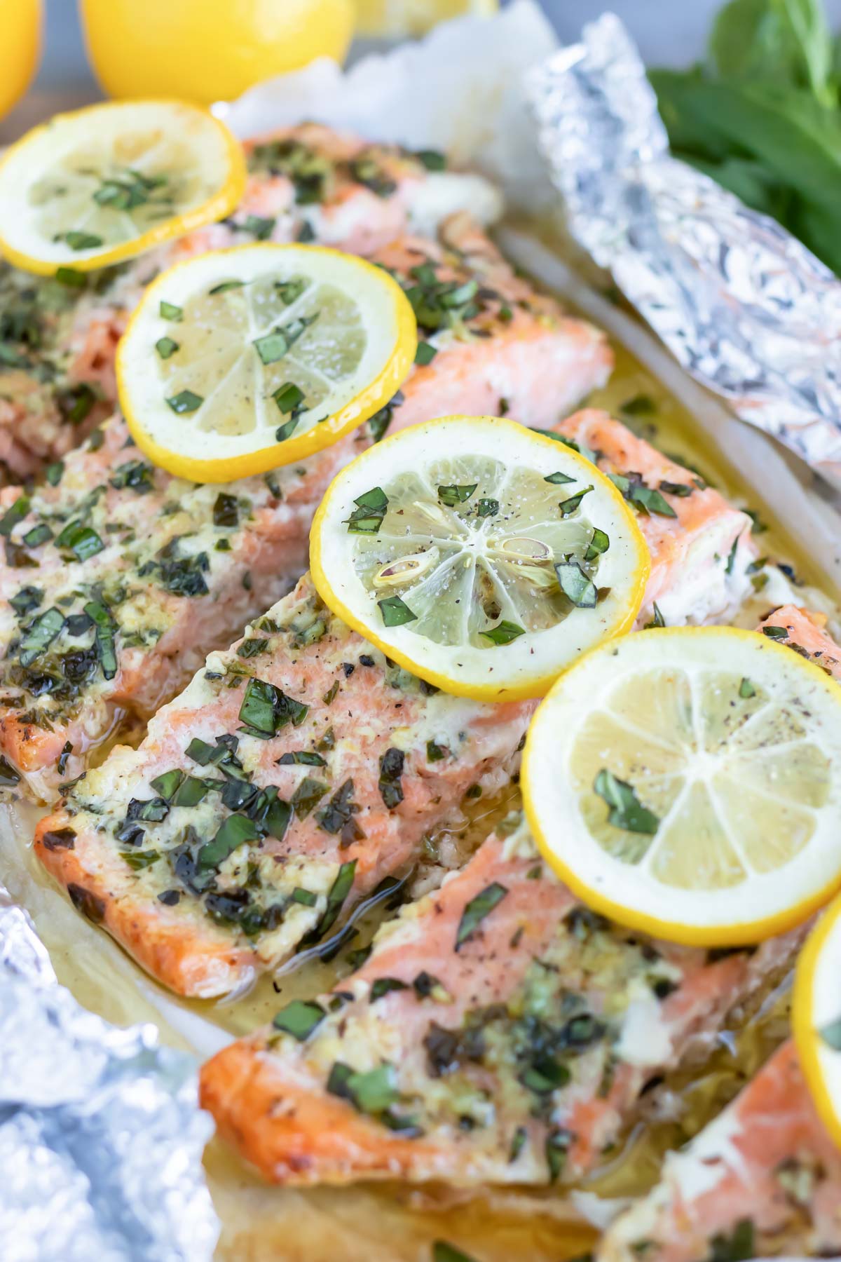 Basil Lemon Baked Salmon in Foil and parchment paper packets.
