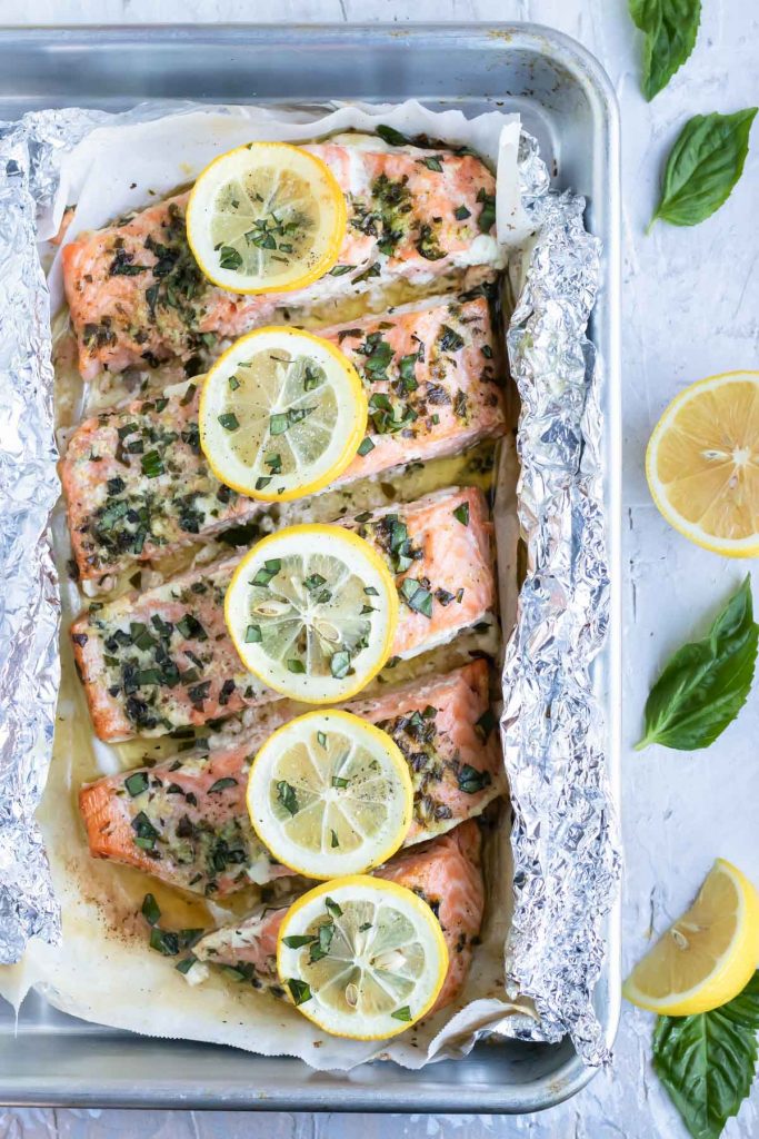 An easy foil packet seafood dinner recipe with fresh basil and lemon juice.