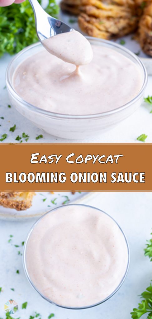 Dip is served in a little cup to eat with blooming onion.