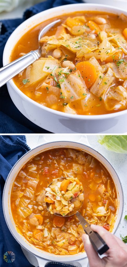 A white bowl is filled with comforting cabbage soup for a vegetarian meal.