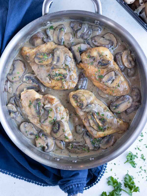 30-Minute Chicken Marsala is made in a pan on the stove.