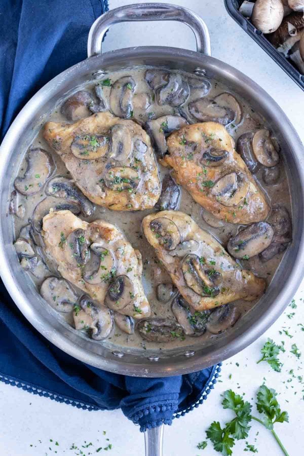 30-Minute Chicken Marsala is made in a pan on the stove.