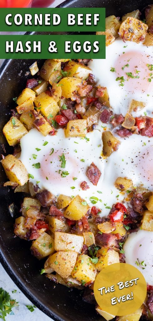 A cast-iron skillet is shown full of traditional corned beef hash.