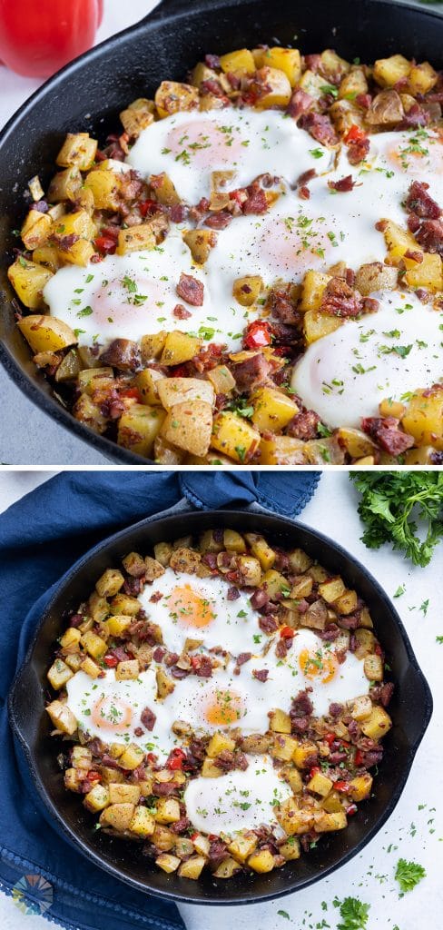 Over-easy eggs are cooked with the corned beef hash.