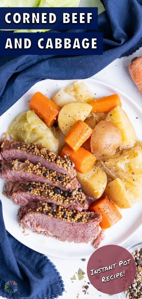 Potatoes, cabbage, and carrots are served with classic corned beef.