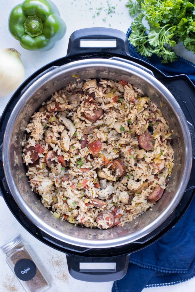 Jambalaya is made in the instant pot for an easy meal.