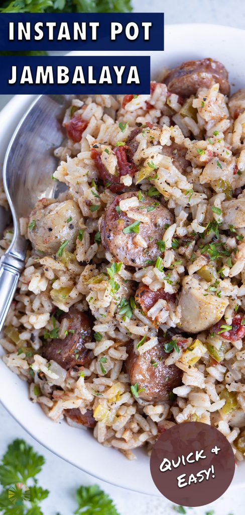 Jambalaya is served with a fresh parsley on top.
