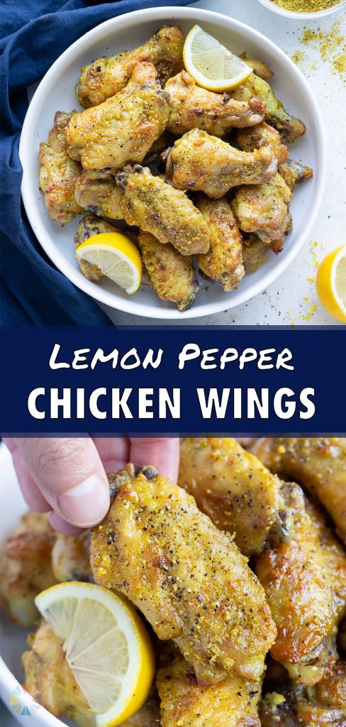 Wings are shown in a bowl and served with fresh lemons.
