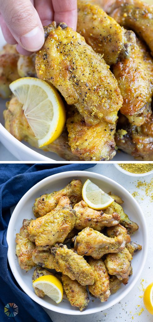 Crispy and flavorful wings are shown in a big white bowl.