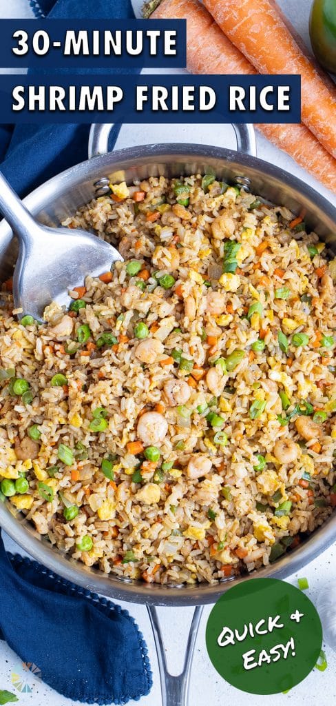 A skillet is used to cook shrimp fried rice.