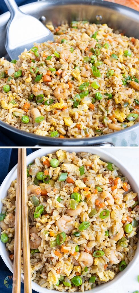 Chopsticks are shown with a bowl filled with easy shrimp fried rice.