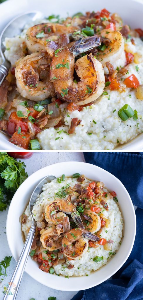Traditional Cajun shrimp and grits is served in a white bowl.