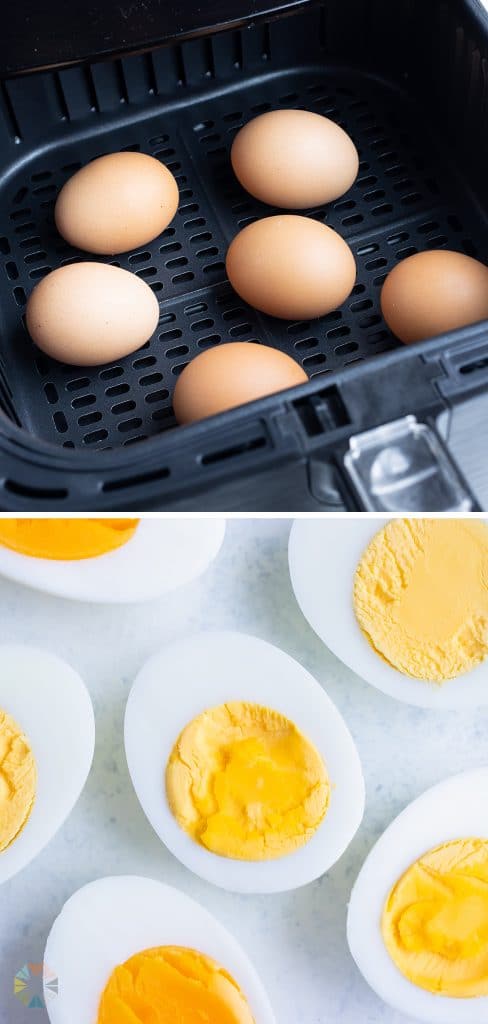 Hard boiled eggs are shown in the air fryer.