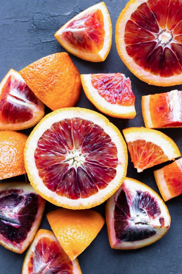 Freshly cut blood oranges that are in season from January to May.