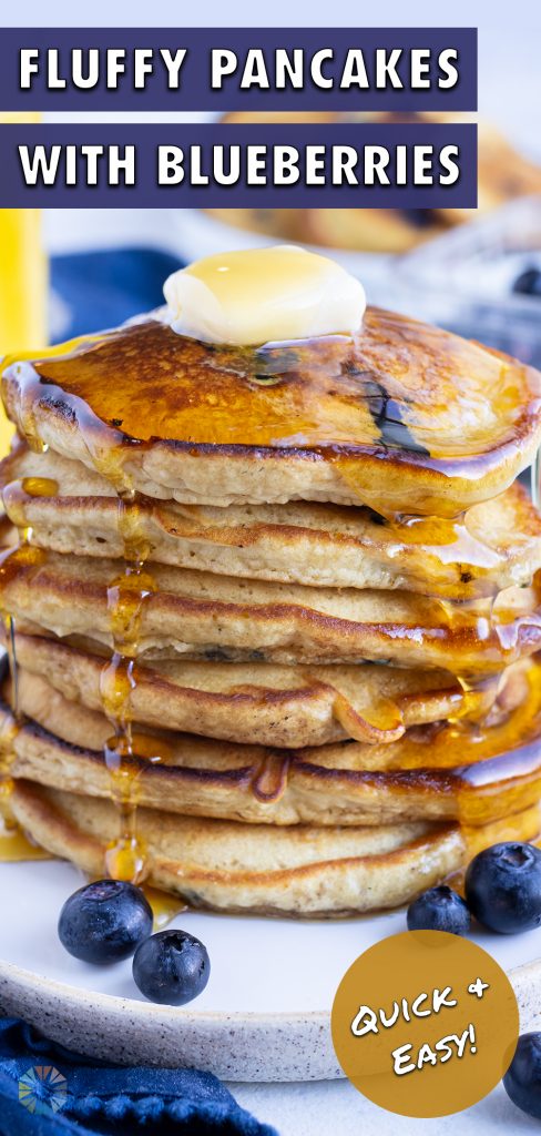 A stack of blueberry pancakes is served for a healthy breakfast.