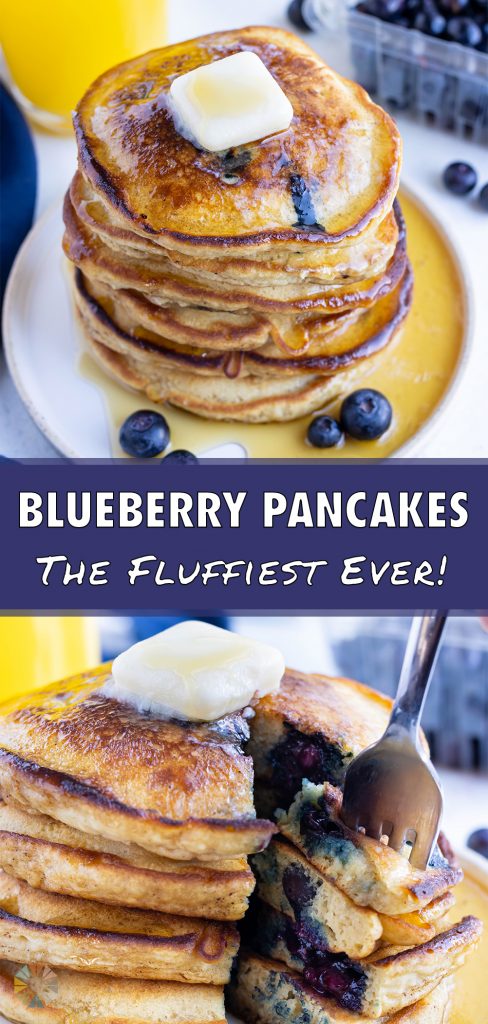 Fresh blueberries are served with the fluffy blueberry pancakes.