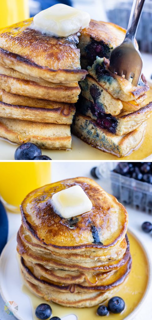 Homemade blueberry pancakes are served for a gluten-free breakfast.