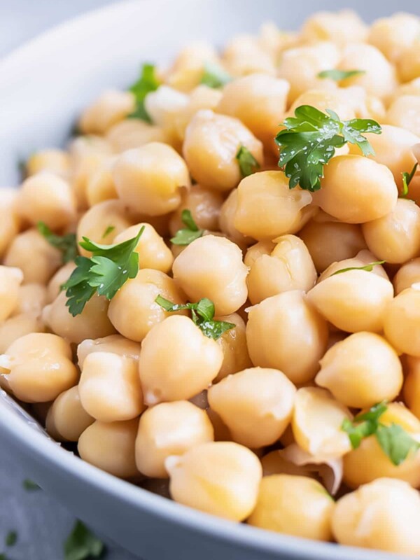 A close-up image of cooked chickpeas that were prepared on the stovetop.