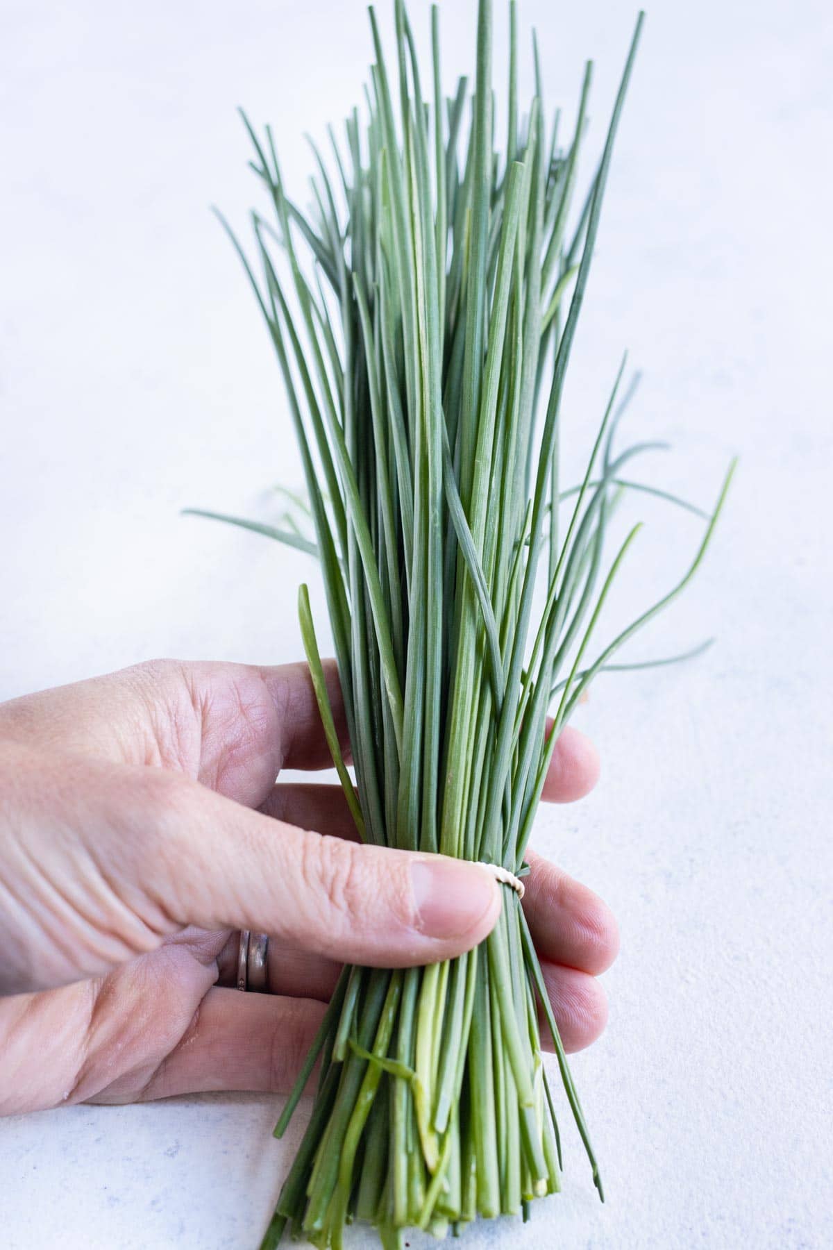 A hand is shown holding a bunch of chives.