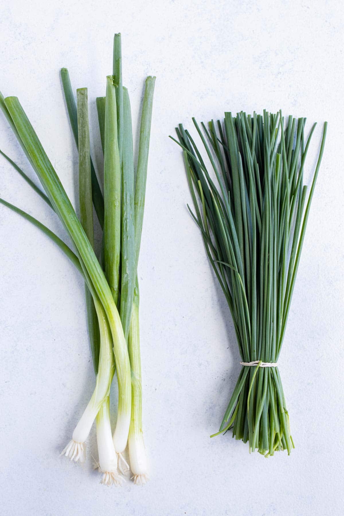 Chives are shown beside a bunch of green onions.