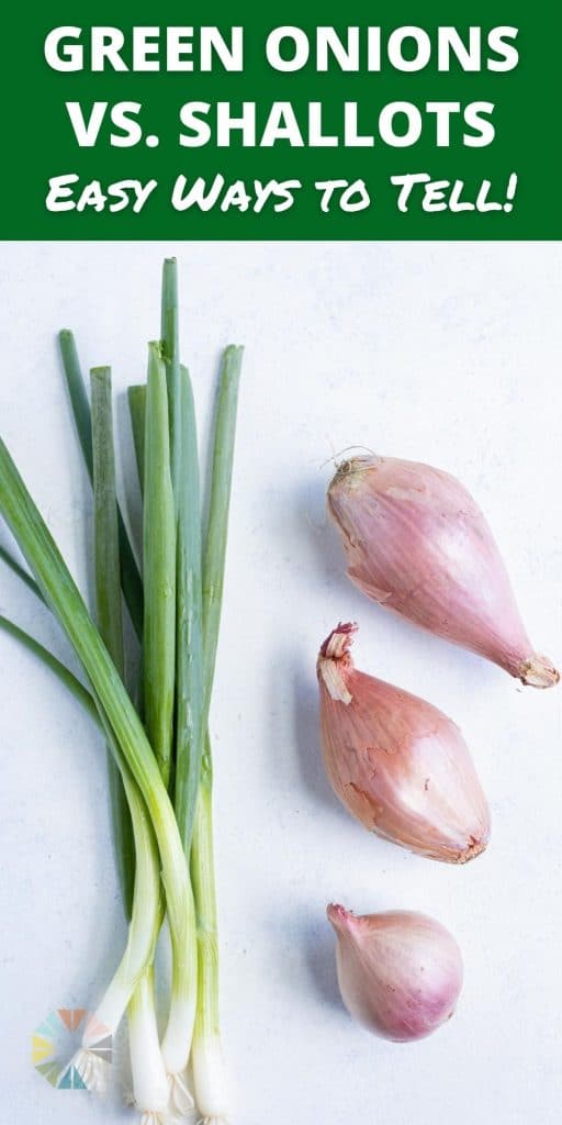 Three shallots are shown beside green onions on the counter.