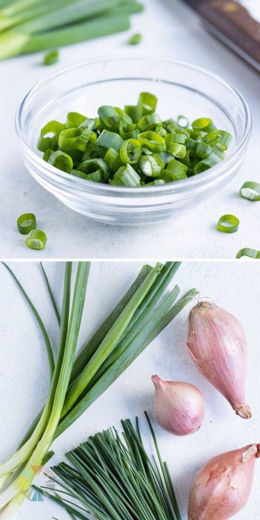 Chives, green onions, and shallots are all shown on the counter.