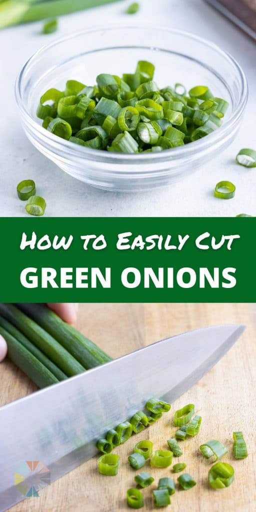 A sharp bucher's knife is used to finely chop the green onions.