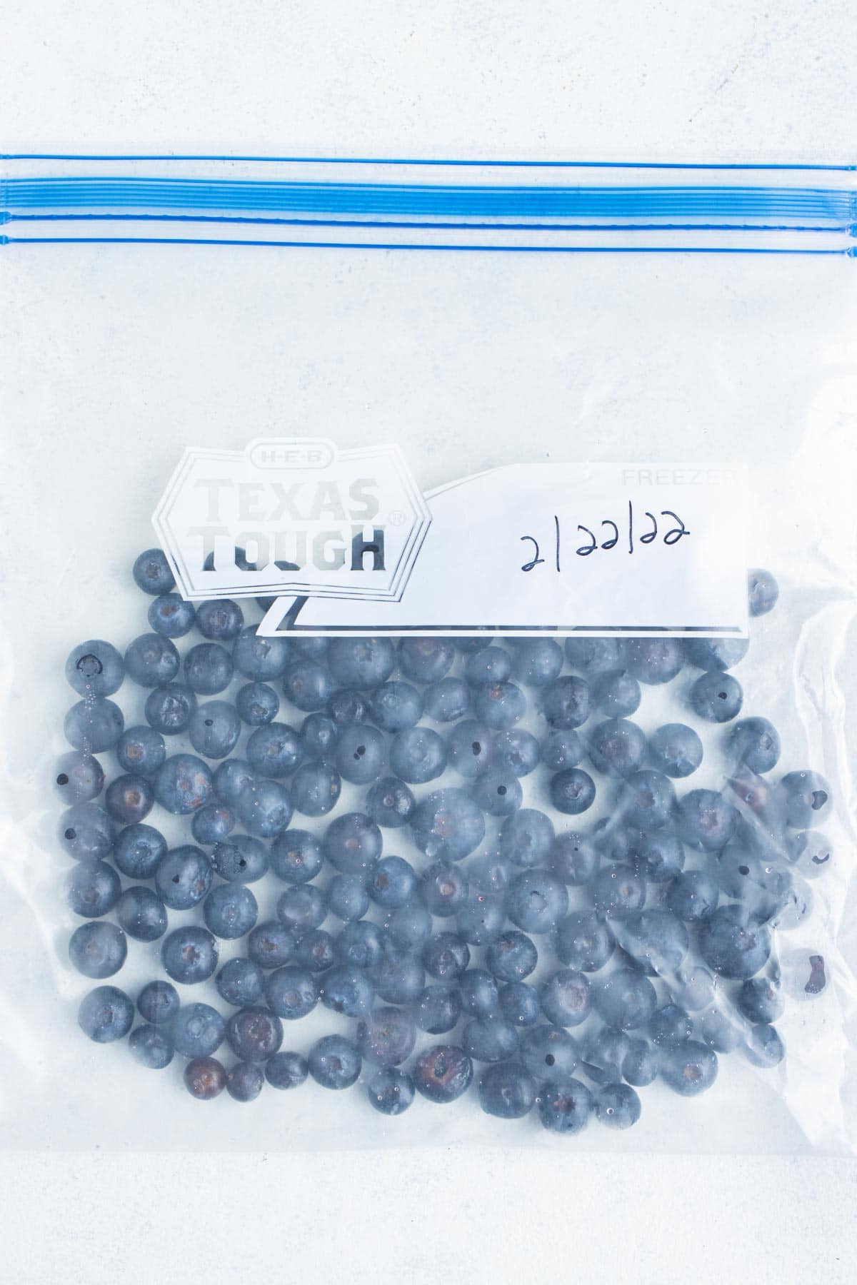 A freezer bag is used to store blueberries in the freezer.