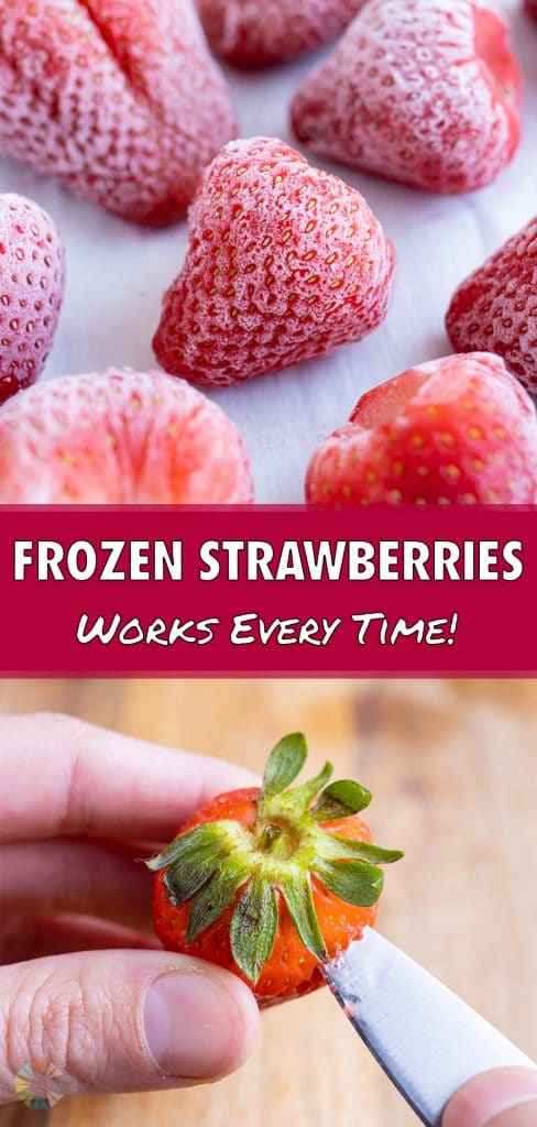 Strawberries that are frozen are shown up close.