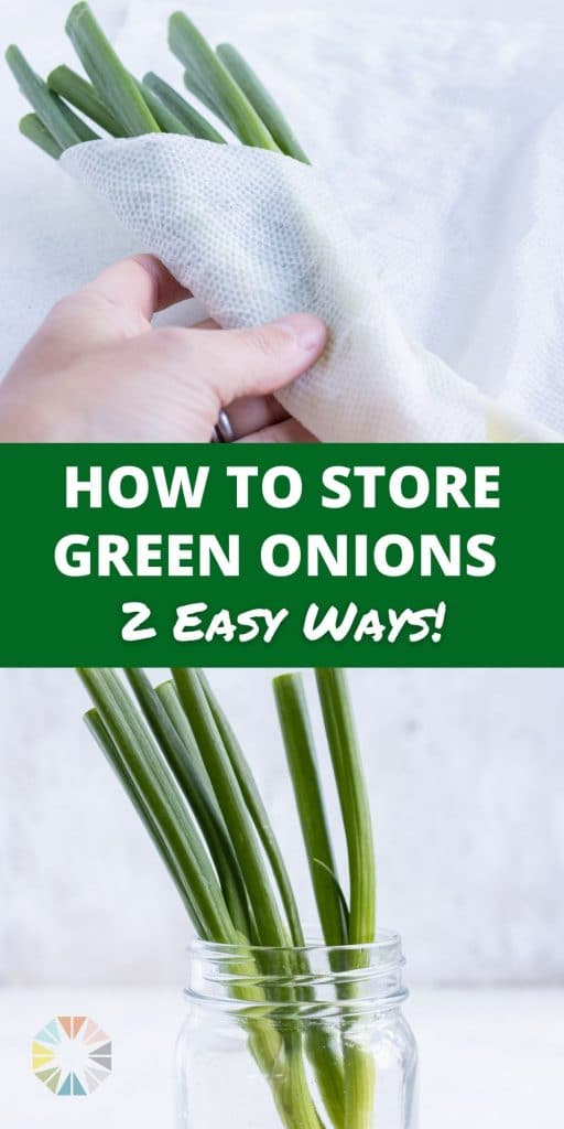 Side by side pictures show how to store green onions for freshness.