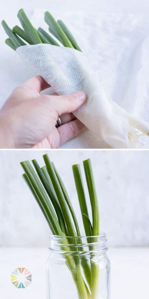 The green onions in a paper towel are placed in a Tupperware.
