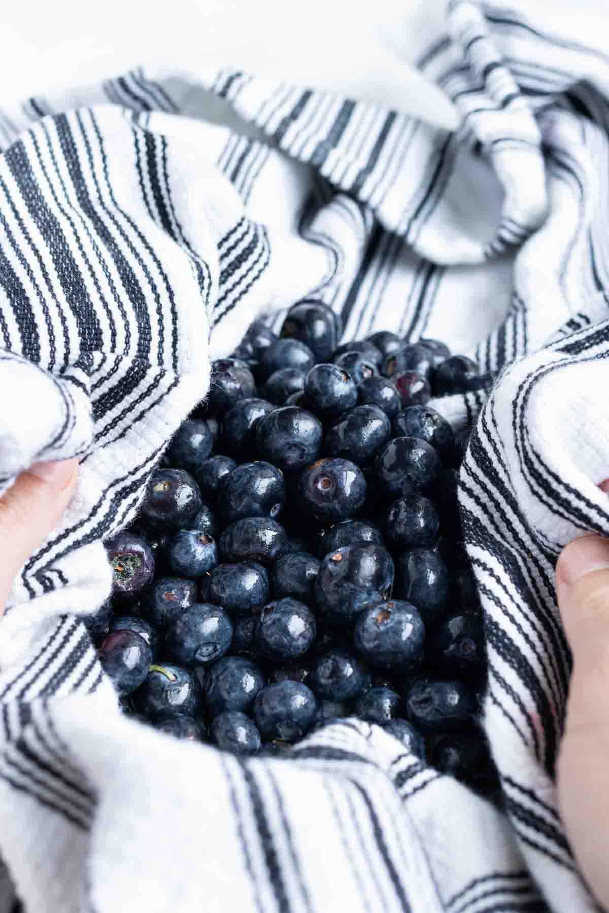 A towel is used to dry blueberries before freezing.