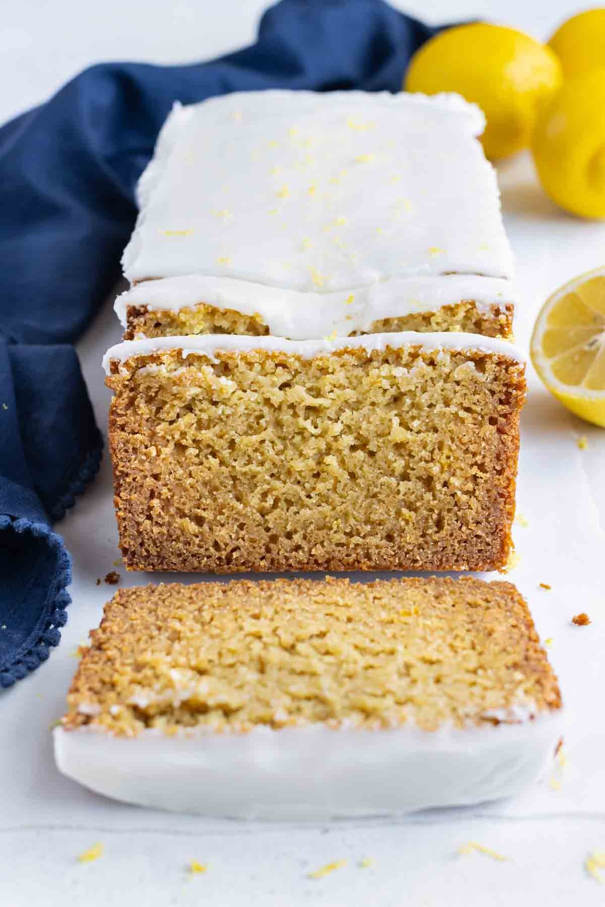 Starbucks lemon loaf is cut into slices for a gluten-free treat.